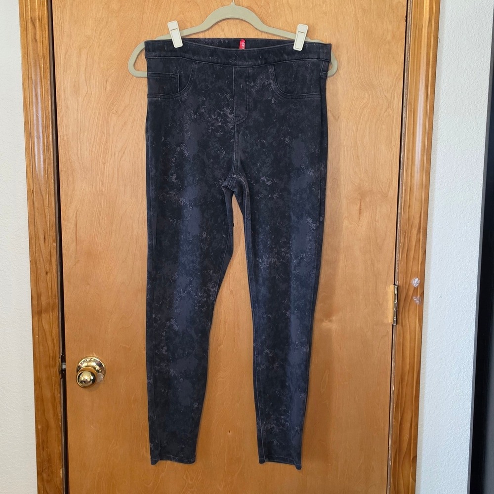 Spanx Jean-ish Ankle Leggings Grey Marble Splatter Slimming Pull On Denim L